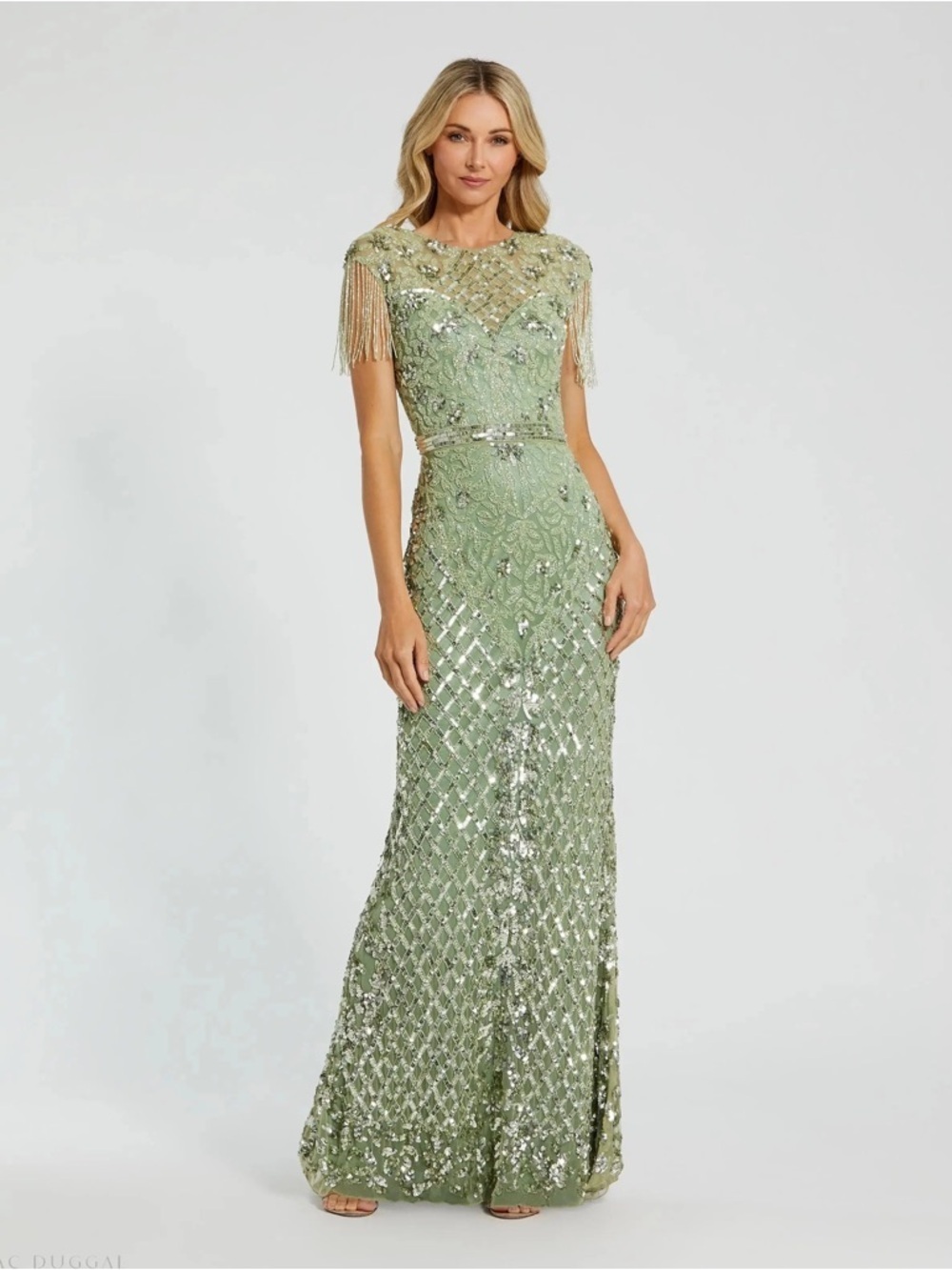 Mac Duggal 4908 Green High Neck Beaded Fringe Fitted Gown Size 6 NWT